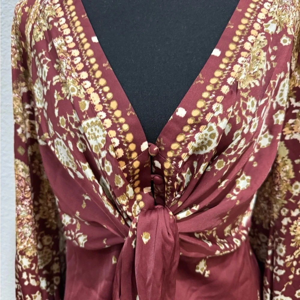 Free People Maroon Floral Tie-Front Top